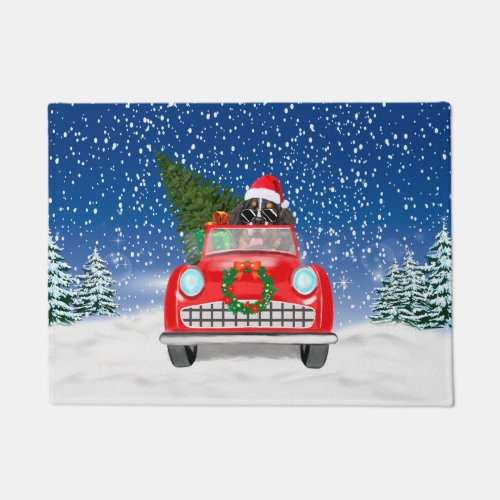 Bernese Mountain Dog Driving Car In Snow Christmas Doormat