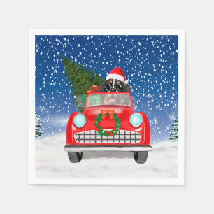 Bernese Mountain Dog Driving Car In Snow Christmas Napkins