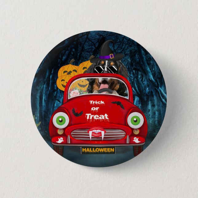 Bernese Mountain Dog Driving Car Scary Halloween  Button (Front)