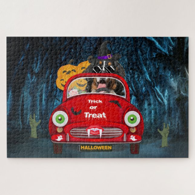 Bernese Mountain Dog Driving Car Scary Halloween  Jigsaw Puzzle (Horizontal)