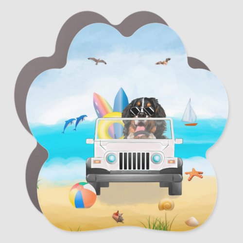 bernese mountain Dog Driving on Beach  Car Magnet