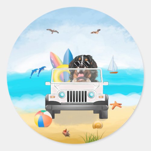 bernese mountain Dog Driving on Beach Classic Round Sticker