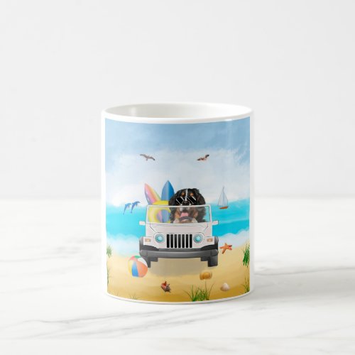 bernese mountain Dog Driving on Beach Coffee Mug