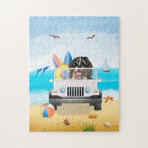  bernese mountain Dog Driving on Beach  Jigsaw Puzzle