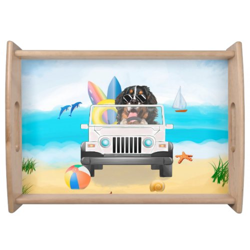 bernese mountain Dog Driving on Beach Serving Tray