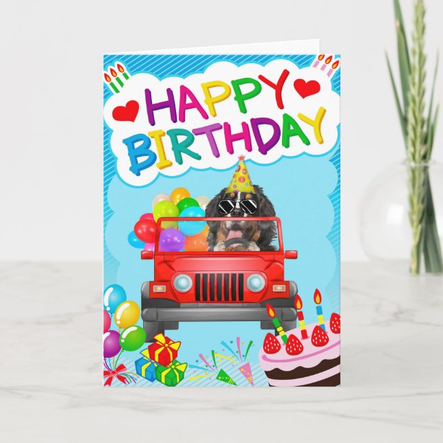 Bernese Mountain Dog Driving with Balloons Card (Front)