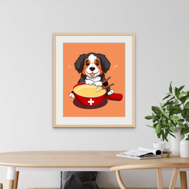 Bernese Mountain Dog Eating Fondue Poster (Multiple sizes available - frame not included.)