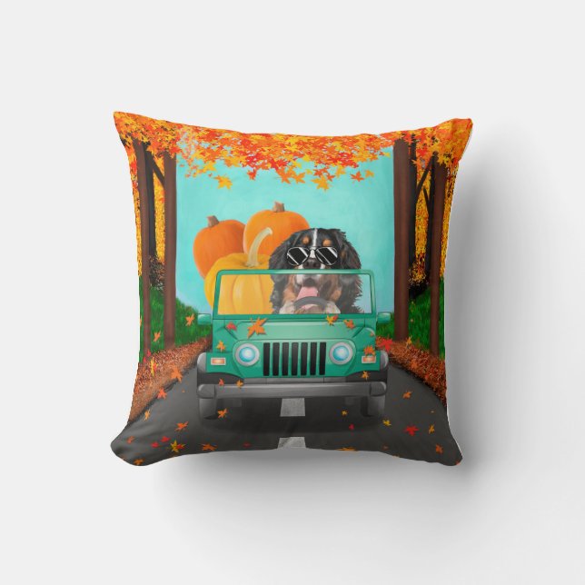 Bernese Mountain Dog Fall Pumpkin Throw Pillow (Front)