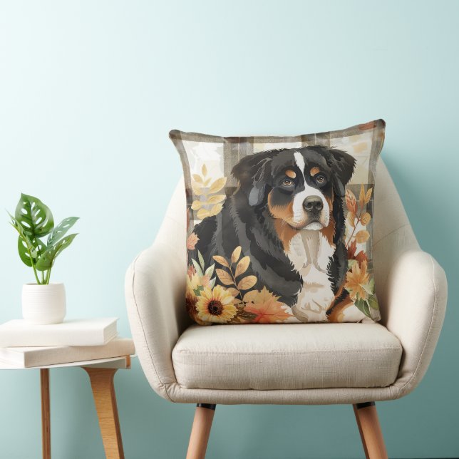 Bernese Mountain Dog Fall Watercolor Flowers Throw Pillow (Chair)
