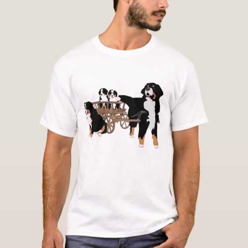 Bernese Mountain Dog Family with Wooden Wagon T_Shirt