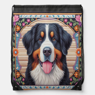 Bernese Mountain Dog Floral Colorful Border Drawstring Bag