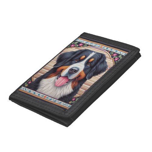 Bernese Mountain Dog Floral Colorful Border Trifold Wallet