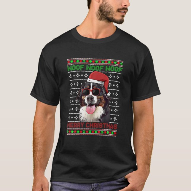 Bernese Mountain Dog Funny Woof Merry Christmas T-Shirt (Front)