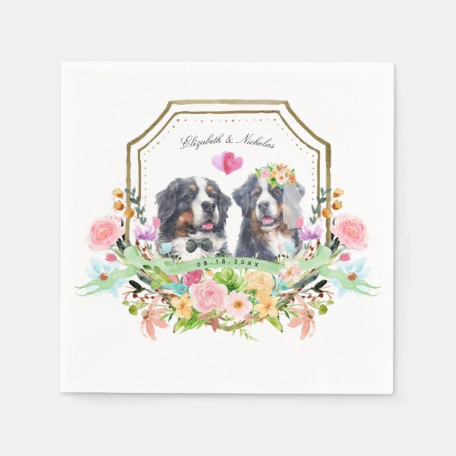 Bernese Mountain Dog | Gold Floral Crest Wedding Napkins (Front)