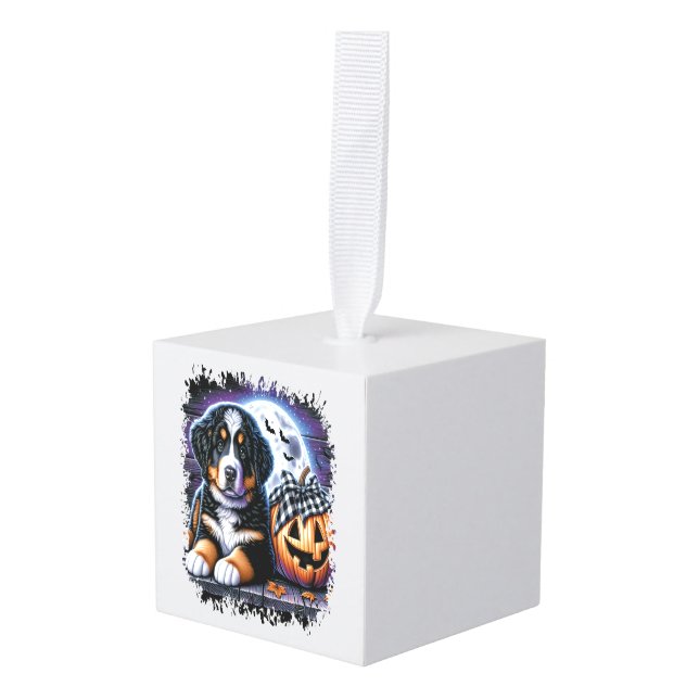 Bernese Mountain Dog Halloween Cube Ornament (Front Angled)