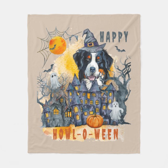 Bernese Mountain Dog Happy Howl-o-ween Ghost House Fleece Blanket (Front)