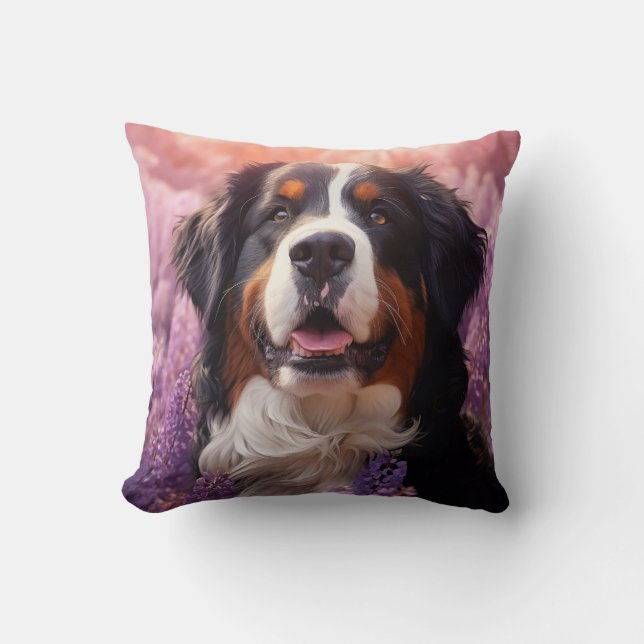 Bernese Mountain Dog in lavenders Throw Pillow (Front)