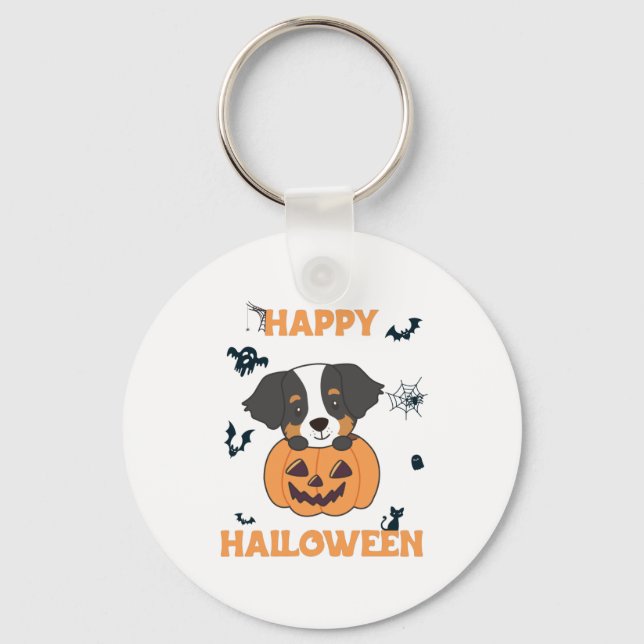 Bernese Mountain Dog In Pumpkin Dogs Happy Keychain (Front)