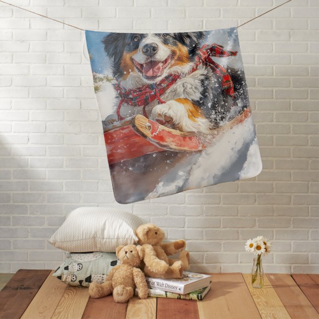 Bernese Mountain Dog in Sledge Christmas Baby Blanket (In Situ)