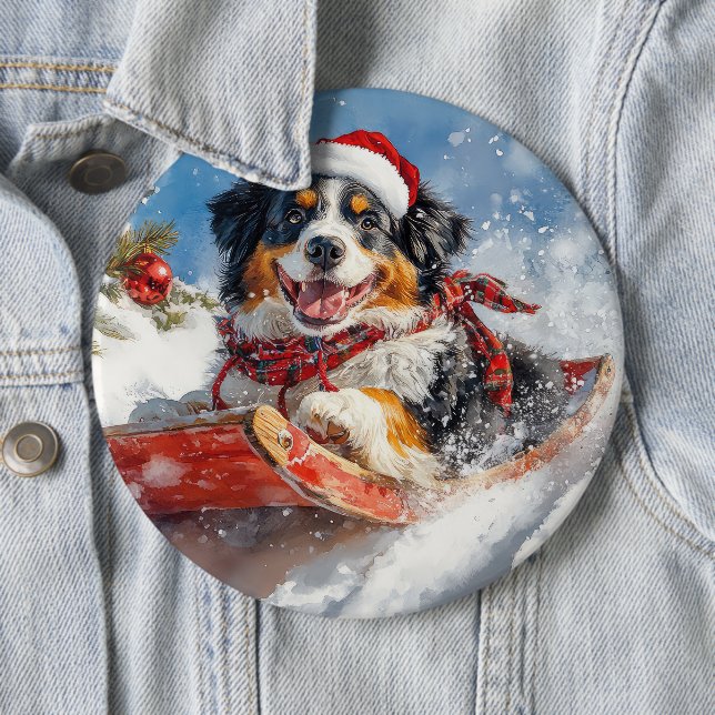 Bernese Mountain Dog in Sledge Christmas Button (In Situ)