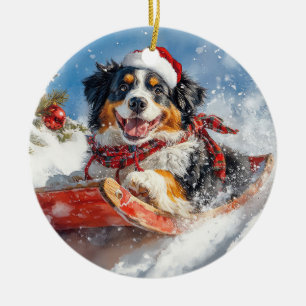 Bernese Mountain Dog in Sledge Christmas Ceramic Ornament