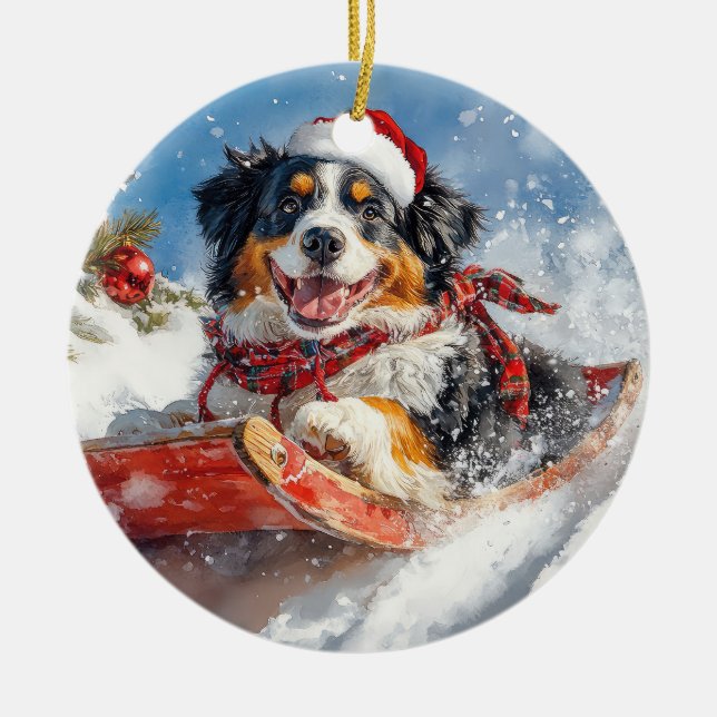 Bernese Mountain Dog in Sledge Christmas Ceramic Ornament (Front)
