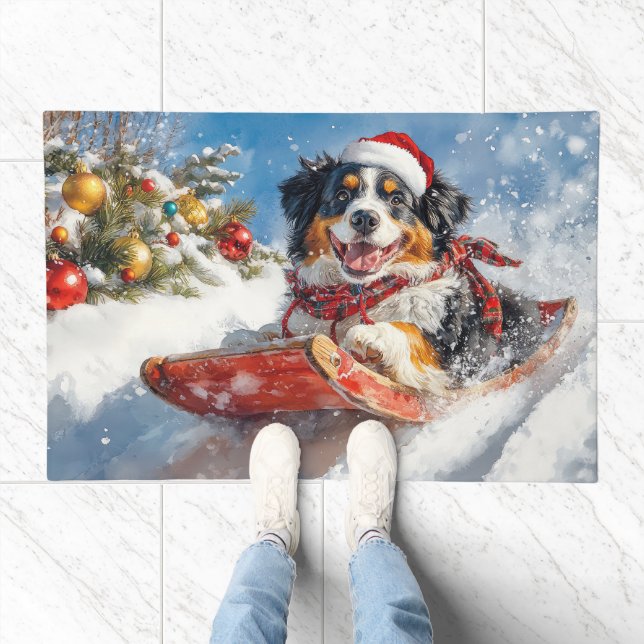 Bernese Mountain Dog in Sledge Christmas Doormat (Indoor)