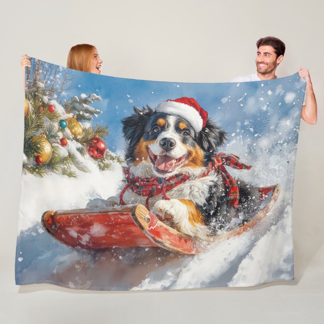 Bernese Mountain Dog in Sledge Christmas Fleece Blanket (In Situ)