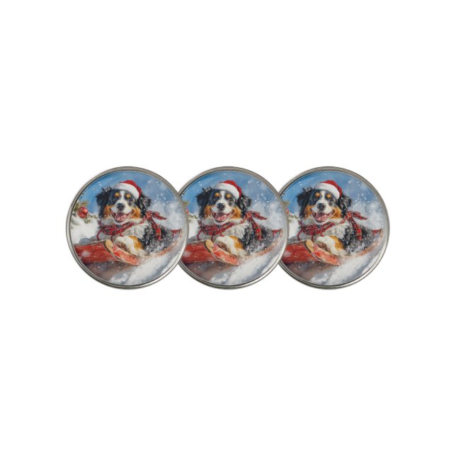 Bernese Mountain Dog in Sledge Christmas Golf Ball Marker (3 Up)