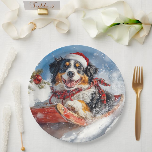 Bernese Mountain Dog in Sledge Christmas Paper Plates (Wedding)