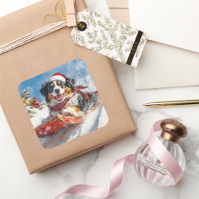 Bernese Mountain Dog in Sledge Christmas Square Sticker (Gifting)