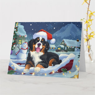 Bernese Mountain Dog in Sleigh Snow Christmas Card