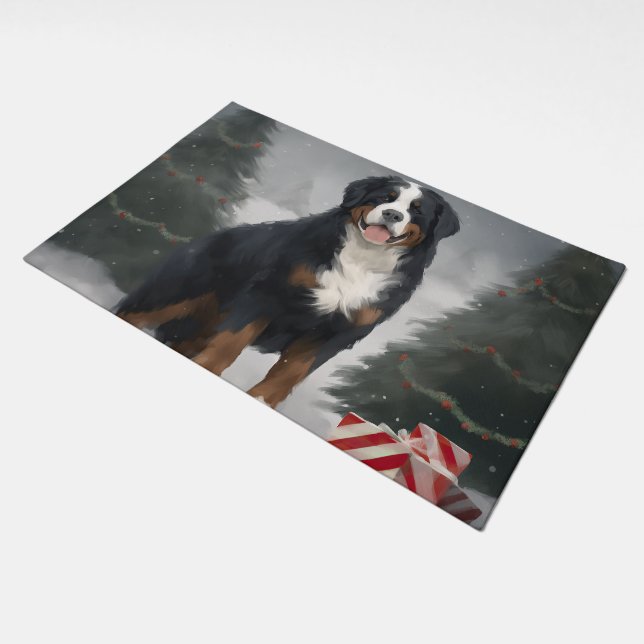 Bernese Mountain Dog in Snow Christmas  Doormat (Angled)