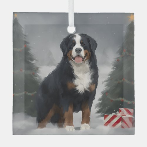 Bernese Mountain Dog in Snow Christmas  Glass Ornament