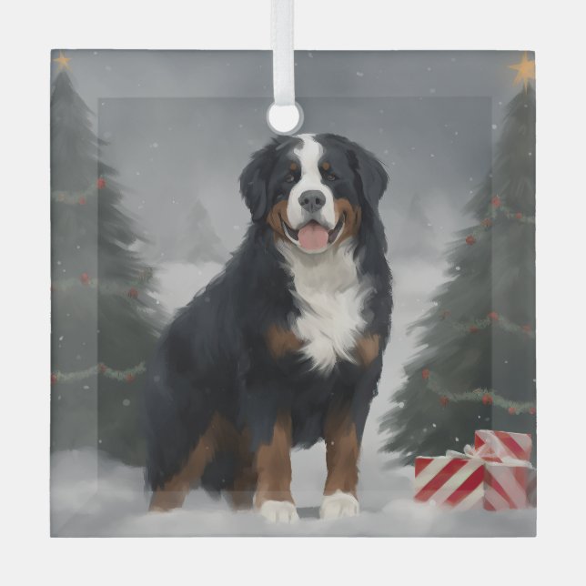 Bernese Mountain Dog in Snow Christmas  Glass Ornament (Front)