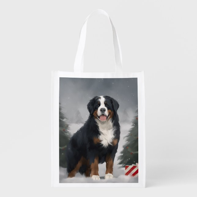 Bernese Mountain Dog in Snow Christmas  Grocery Bag (Front)