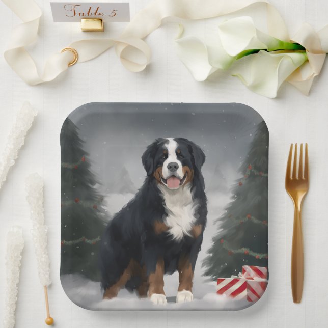 Bernese Mountain Dog in Snow Christmas  Paper Plates (Wedding)