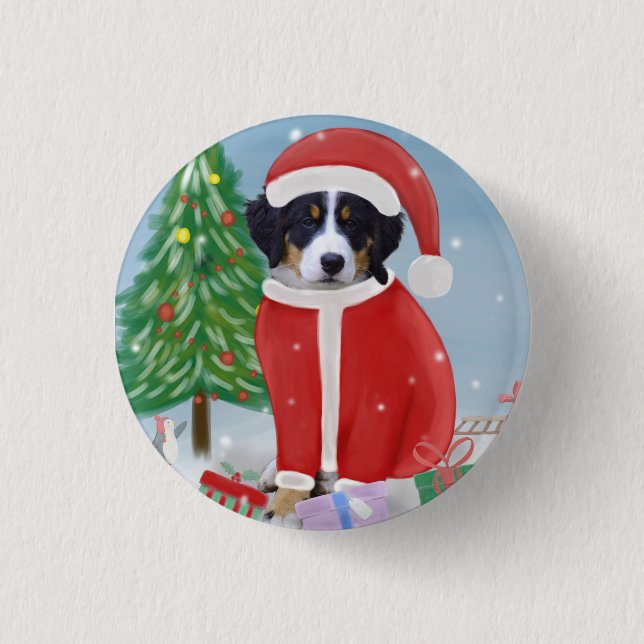 Bernese Mountain Dog in Snow with Christmas Gifts Button (Front)