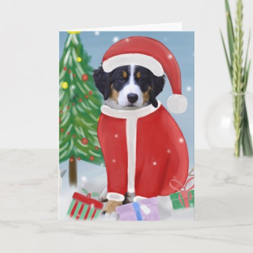 Bernese Mountain Dog in Snow with Christmas Gifts  Card