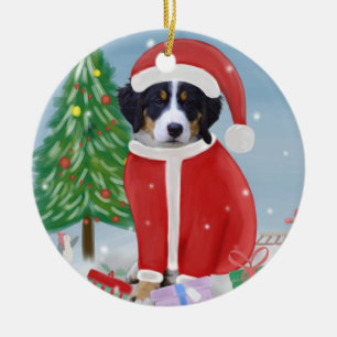 Bernese Mountain Dog in Snow with Christmas Gifts Ceramic Ornament