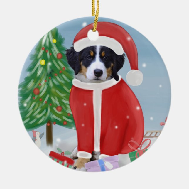Bernese Mountain Dog in Snow with Christmas Gifts  Ceramic Ornament (Front)
