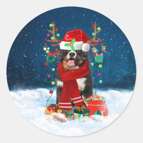 Bernese Mountain Dog in Snow with Christmas Gifts  Classic Round Sticker