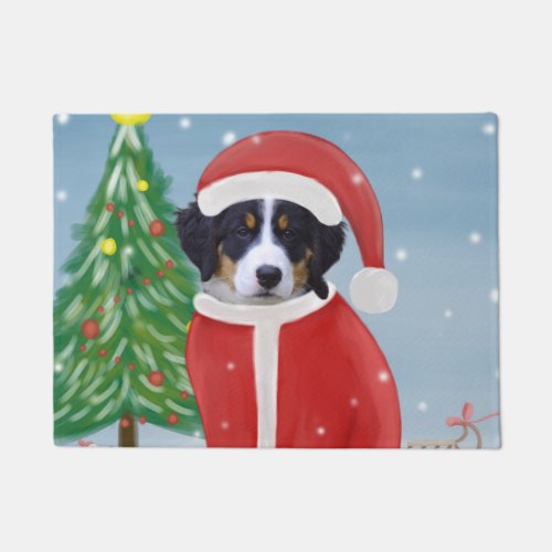 Bernese Mountain Dog in Snow with Christmas Gifts  Doormat