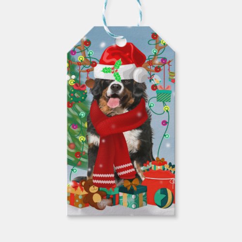 Bernese Mountain Dog in Snow with Christmas Gifts  Gift Tags