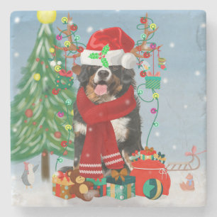 Bernese Mountain Dog in Snow with Christmas Gifts Stone Coaster