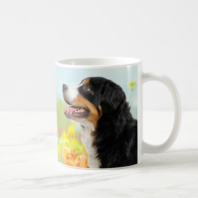 Bernese Mountain dog in the flower garden Coffee Mug (Right)