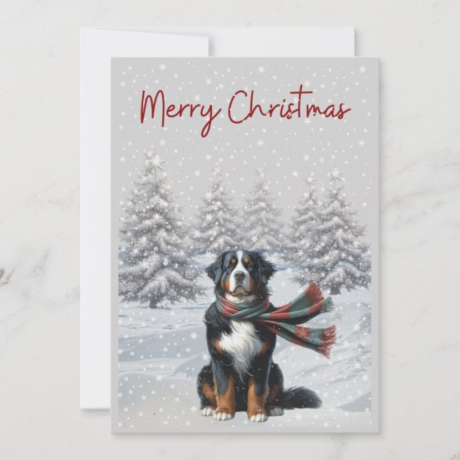 Bernese Mountain Dog in the Snow Christmas card (Front)