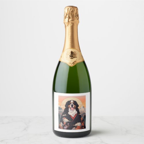 Bernese Mountain Dog Mount Fuji Sparkling Wine Label