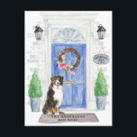 Bernese Mountain Dog Moving Announcement Postcard<br><div class="desc">Announce your new address with our stylish announcement featuring a Bernese Mountain Dog,  blue front door,  welcome mat,  slate sign,  topiaries and a floral wreath set on a gray brick background.</div>