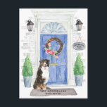 Bernese Mountain Dog Moving Announcement Postcard<br><div class="desc">Announce your new address with our stylish announcement featuring a Bernese Mountain Dog,  blue front door,  welcome mat,  slate sign,  topiaries and a floral wreath set on a gray brick background.</div>